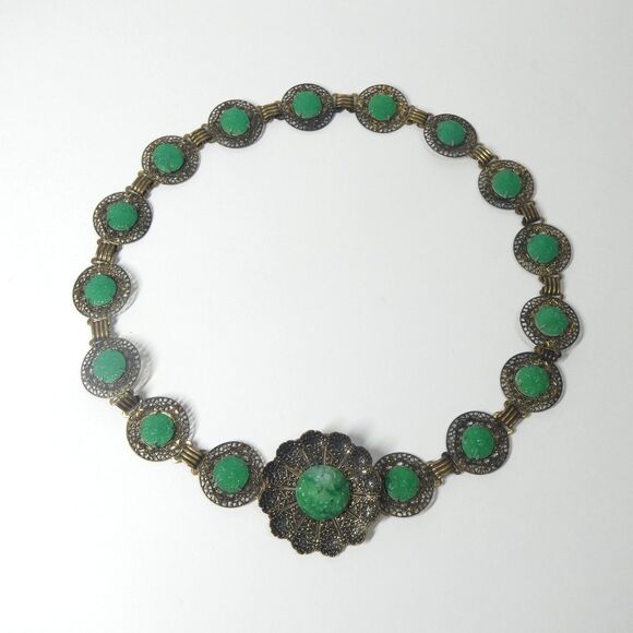 Metal Flower Link Belt w/ Carved Green Glass 26\